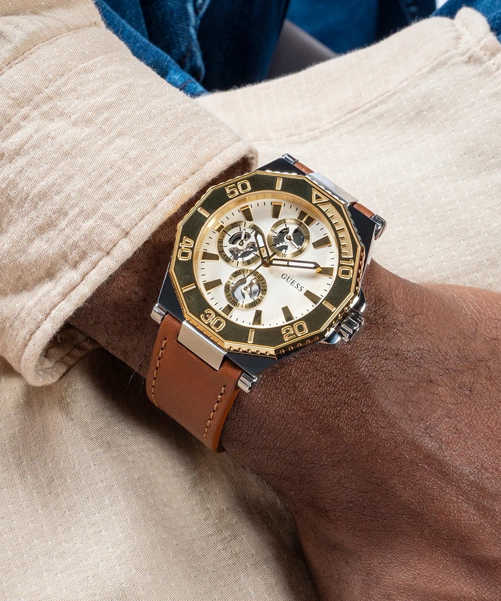 Đồng hồ đeo tay dây da Nam Guess Two-Tone and Brown Leather Multifunction Watch GW0704G1 3