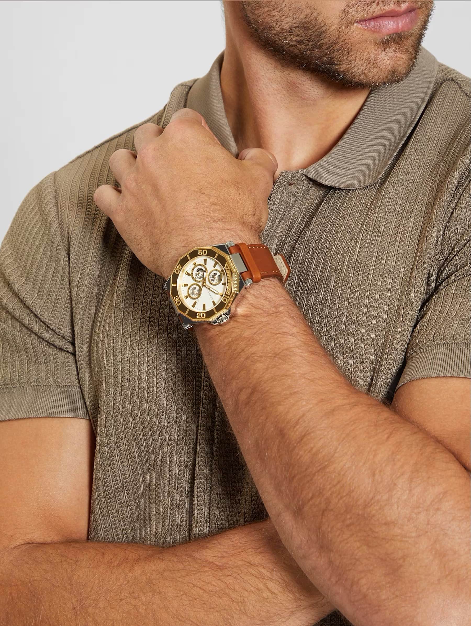 Đồng hồ đeo tay dây da Nam Guess Two-Tone and Brown Leather Multifunction Watch GW0704G1 4
