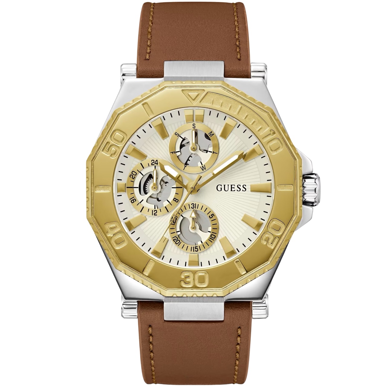 Đồng hồ đeo tay dây da Nam Guess Two-Tone and Brown Leather Multifunction Watch GW0704G1 5