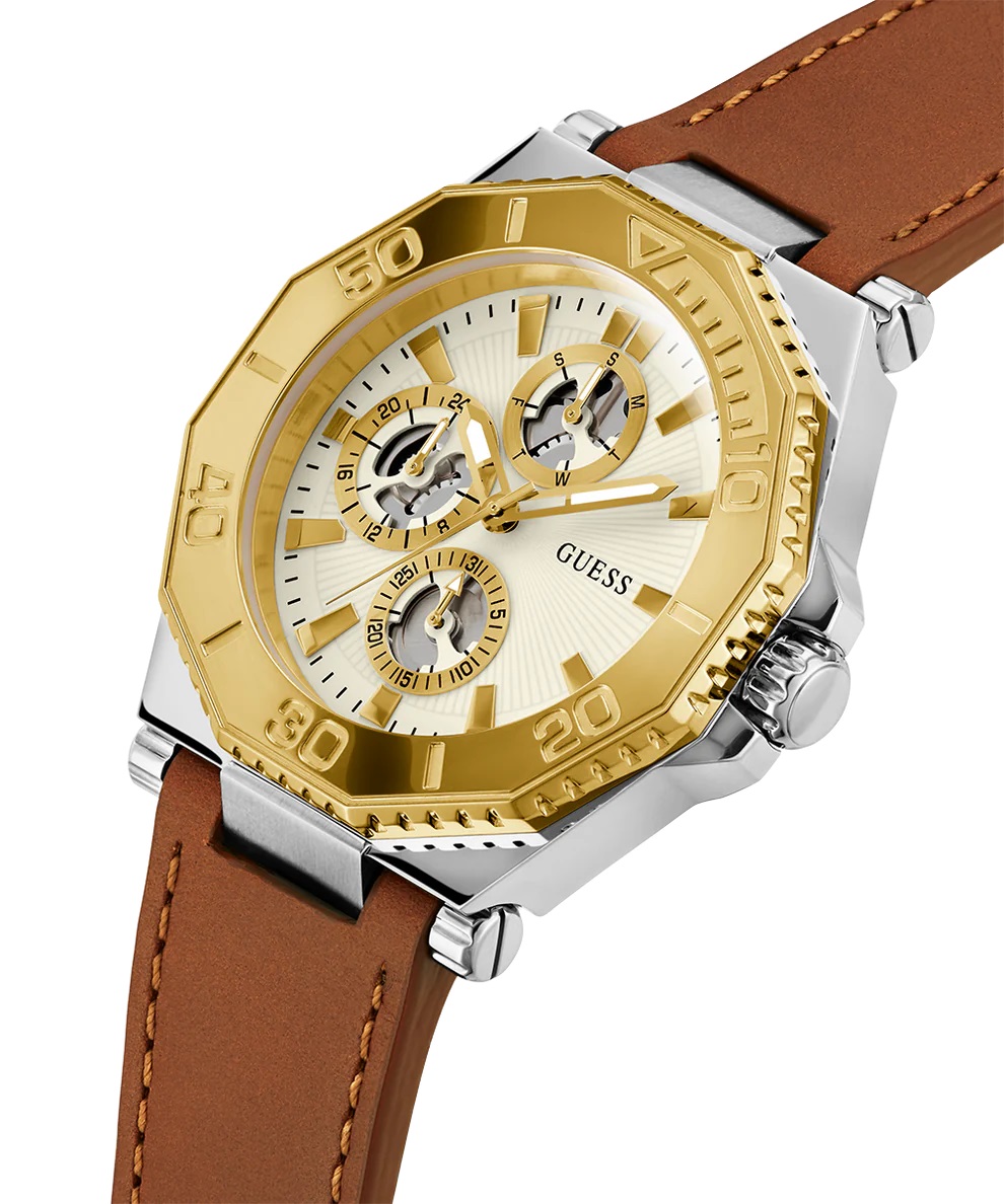 Đồng hồ đeo tay dây da Nam Guess Two-Tone and Brown Leather Multifunction Watch GW0704G1 7