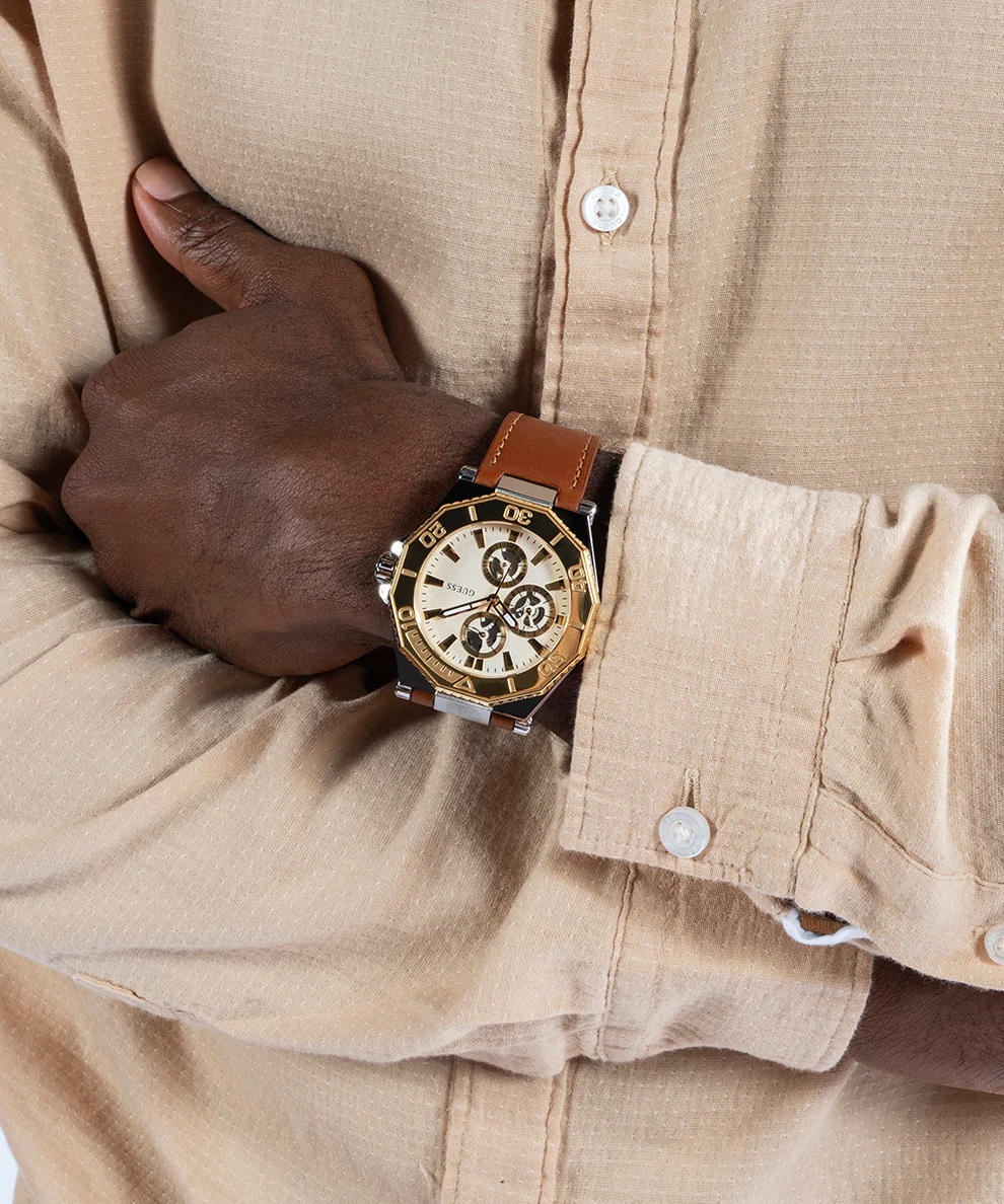 Đồng hồ đeo tay dây da Nam Guess Two-Tone and Brown Leather Multifunction Watch GW0704G1 8
