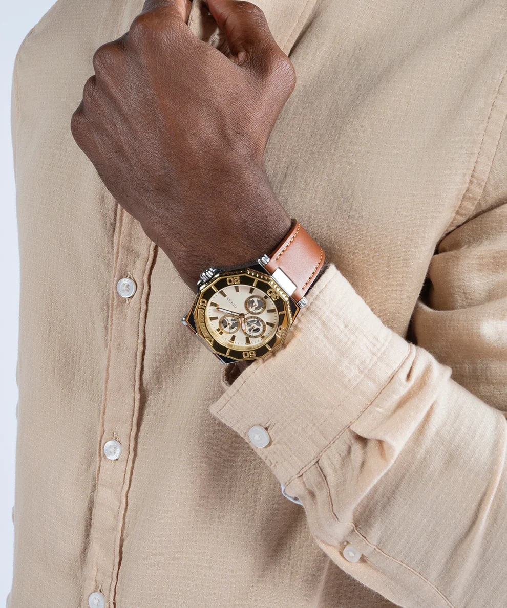 Đồng hồ đeo tay dây da Nam Guess Two-Tone and Brown Leather Multifunction Watch GW0704G1 9