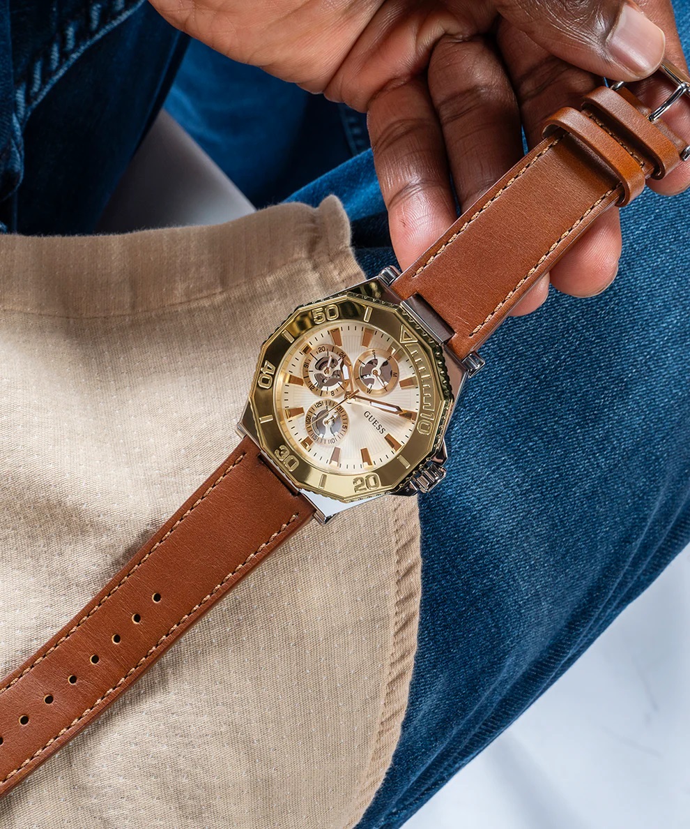 Đồng hồ đeo tay dây da Nam Guess Two-Tone and Brown Leather Multifunction Watch GW0704G1 10