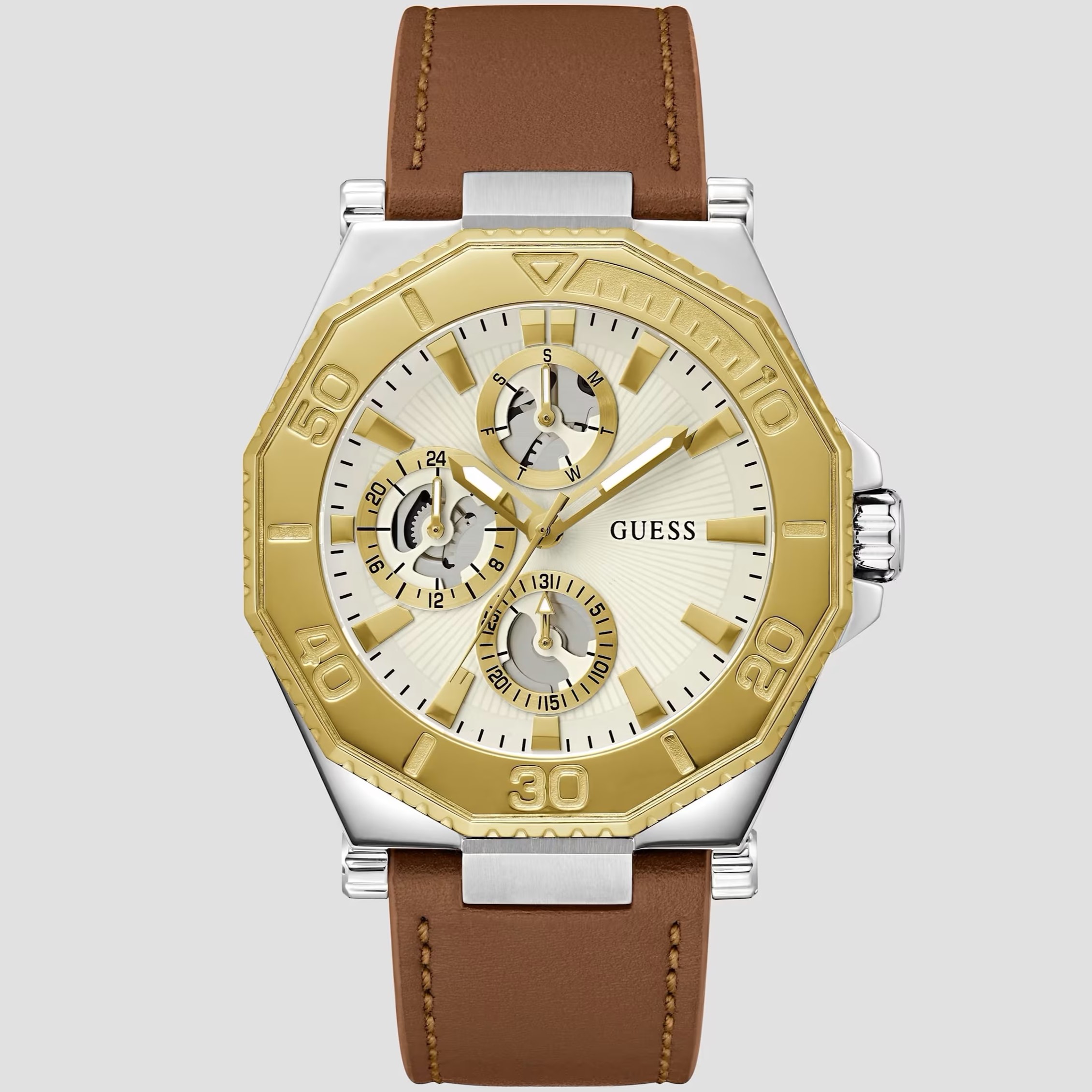 Đồng hồ đeo tay dây da Nam Guess Two-Tone and Brown Leather Multifunction Watch GW0704G1 11
