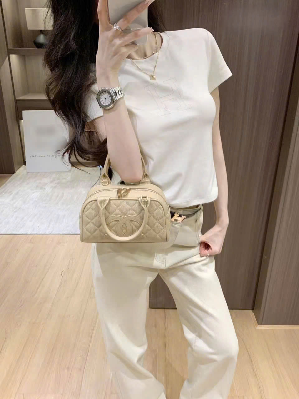 Áo thun tay ngắn cổ tròn trắng Herme 6