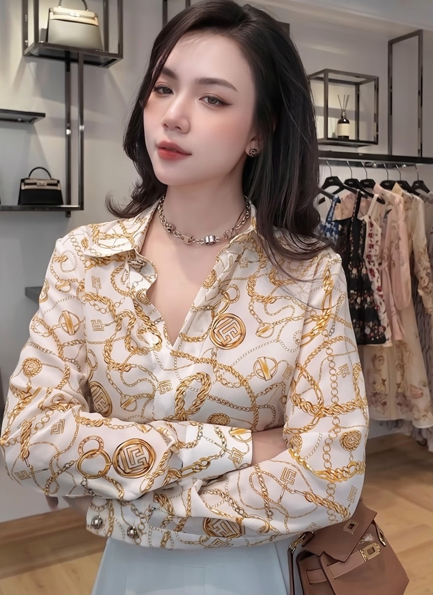 Áo sơ mi lụa nữ tay dài họa tiết Balmain 4