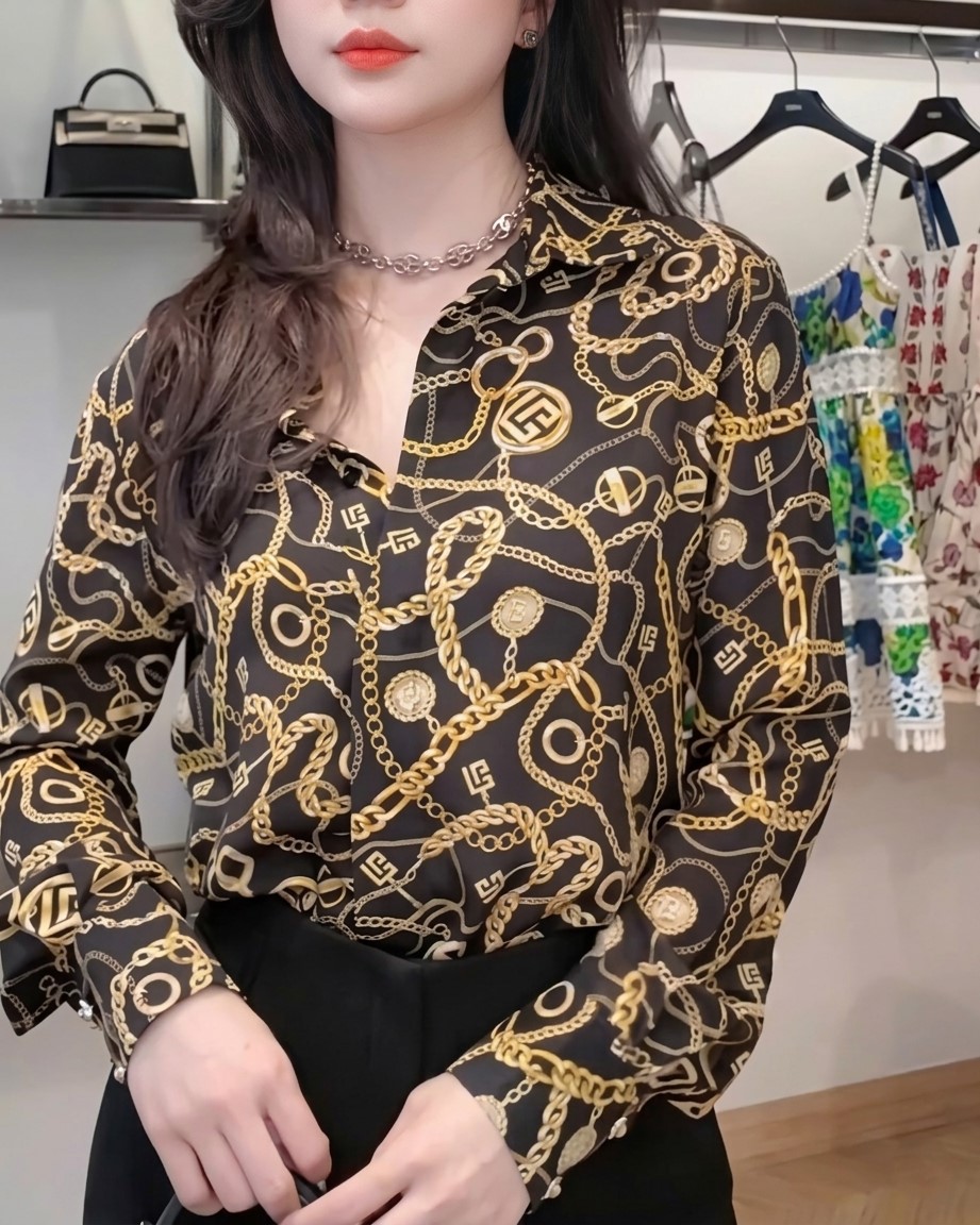 Áo sơ mi lụa nữ tay dài họa tiết Balmain 5