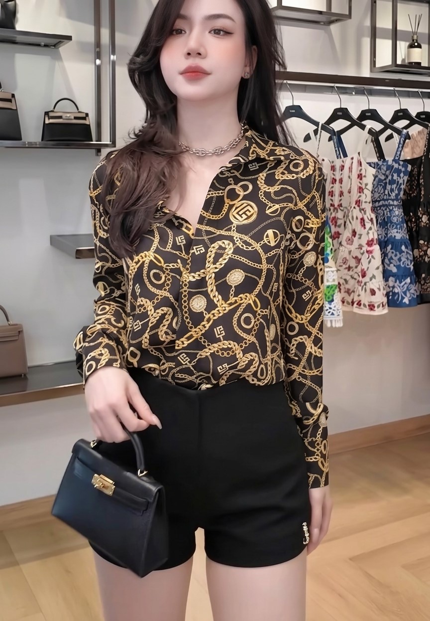 Áo sơ mi lụa nữ tay dài họa tiết Balmain 7