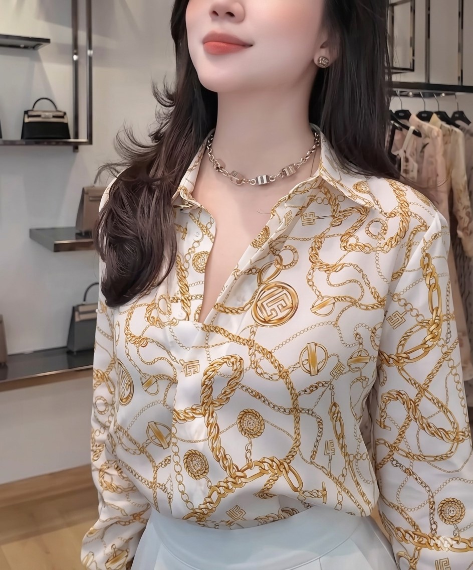 Áo sơ mi lụa nữ tay dài họa tiết Balmain 8