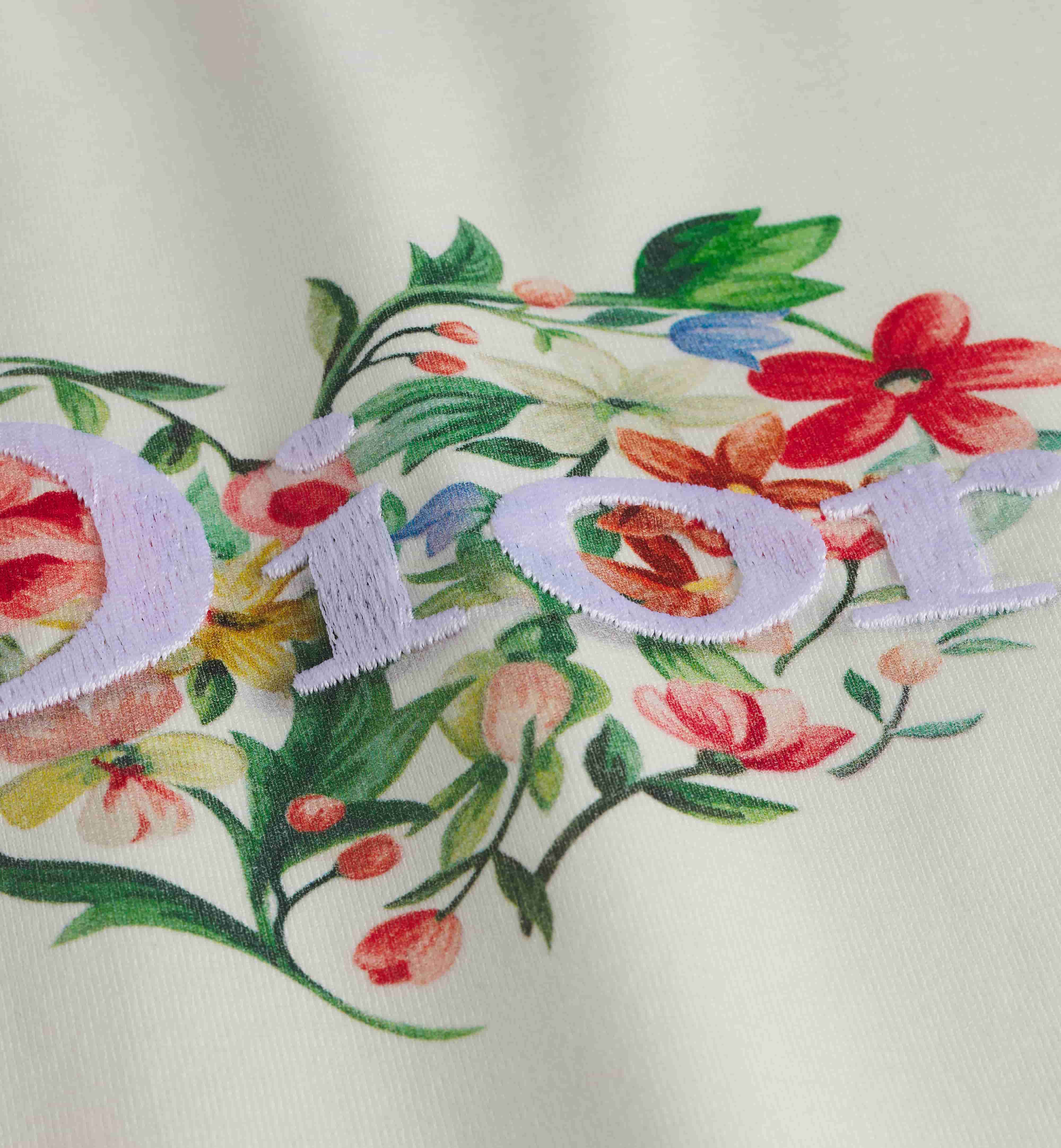 Áo thun trắng tay ngắn thêu hoa lá nữ Dior Dioramour Fitted T-Shirt White Cotton Jersey with Multicolor Floral Heart Motif 1