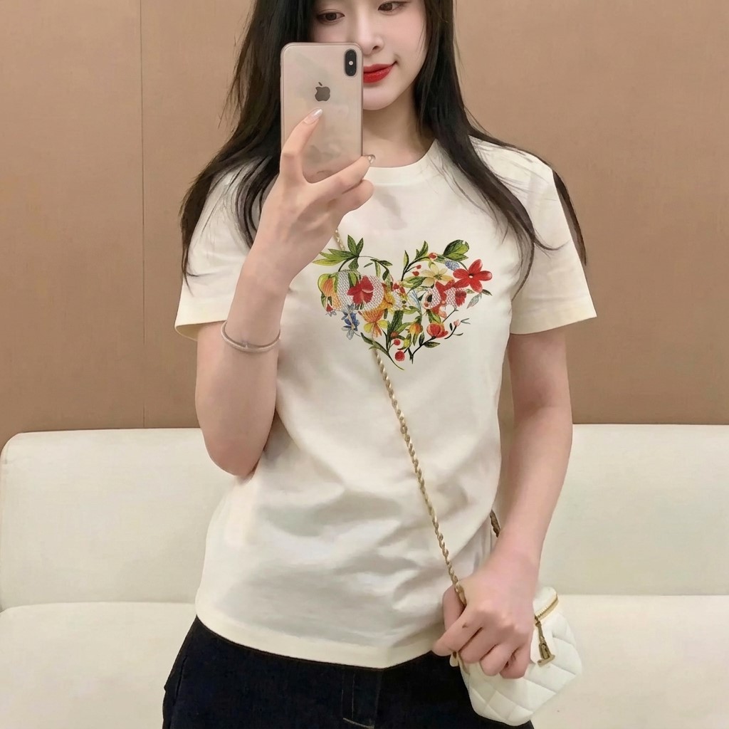 Áo thun trắng tay ngắn thêu hoa lá nữ Dior Dioramour Fitted T-Shirt White Cotton Jersey with Multicolor Floral Heart Motif 4