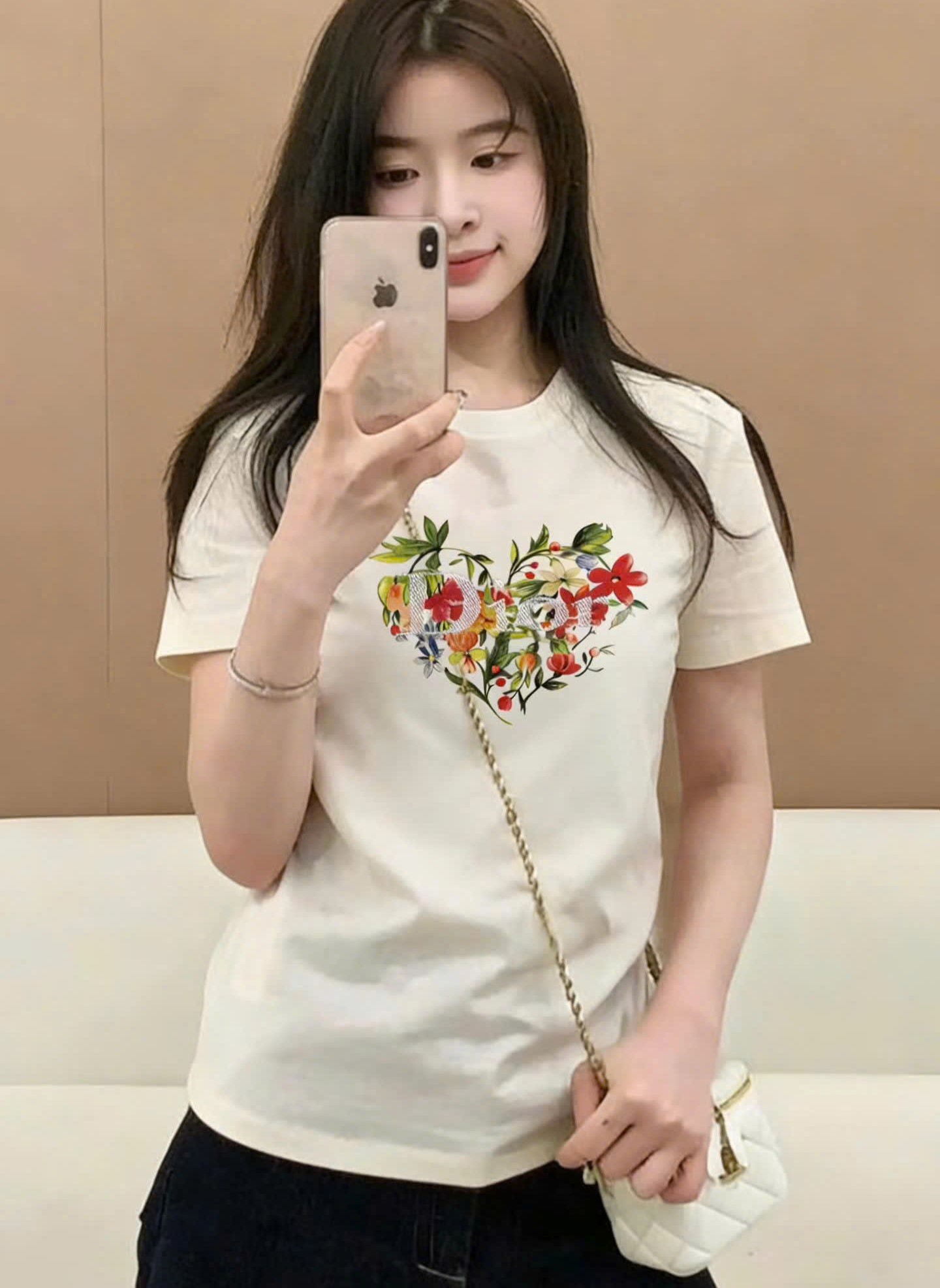 Áo thun trắng tay ngắn thêu hoa lá nữ Dior Dioramour Fitted T-Shirt White Cotton Jersey with Multicolor Floral Heart Motif 5