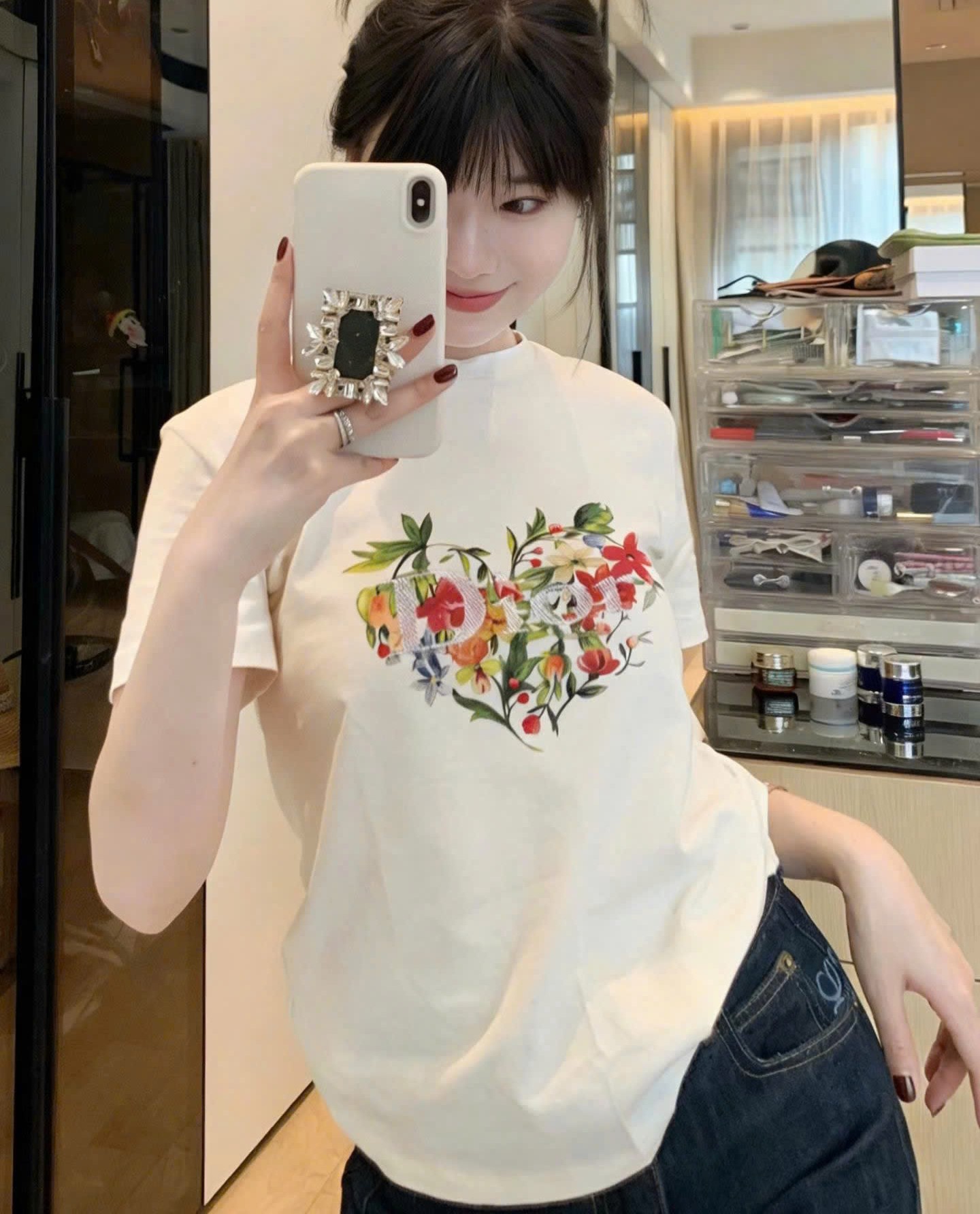 Áo thun trắng tay ngắn thêu hoa lá nữ Dior Dioramour Fitted T-Shirt White Cotton Jersey with Multicolor Floral Heart Motif 8