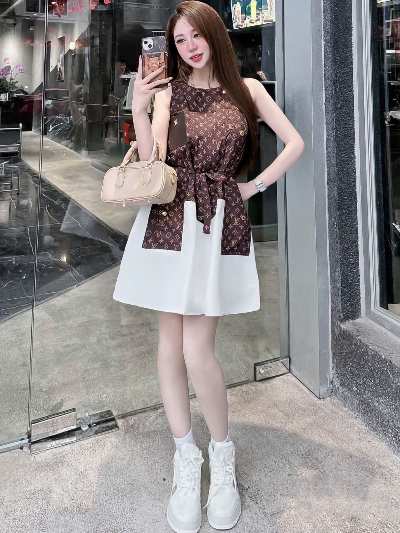 Đầm xòe phối màu thời trang sát nách LV 8