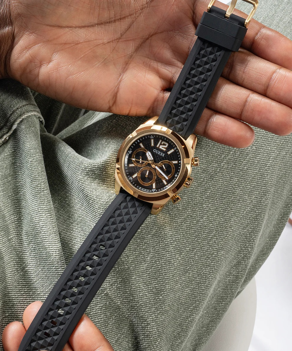 Đồng hồ đeo tay Nam Guess Gold-Tone and Black Silicone Multifunction Watch GW0729G2 7
