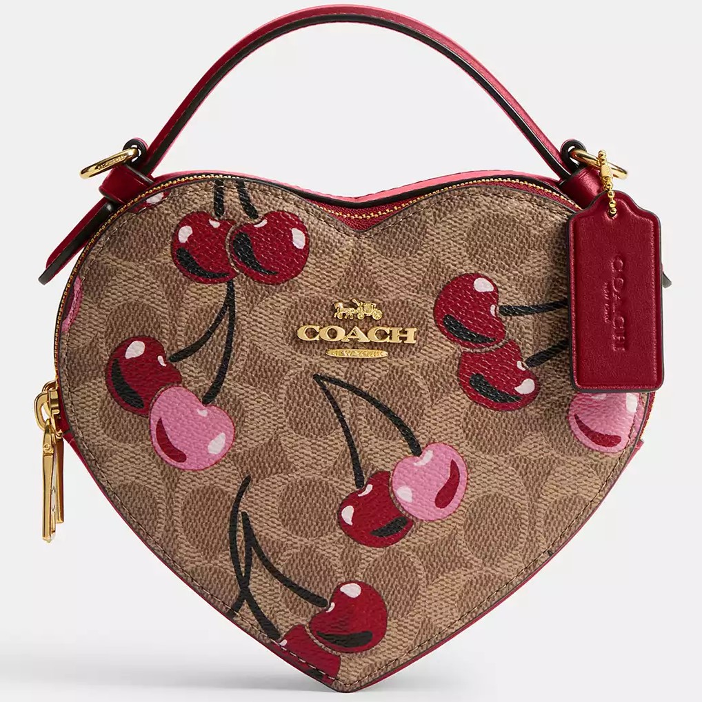 Túi đeo chéo Coach trái tim Heart Crossbody Bag With Cherry Print Signature Canvas Gold Tan Multi CY706 3