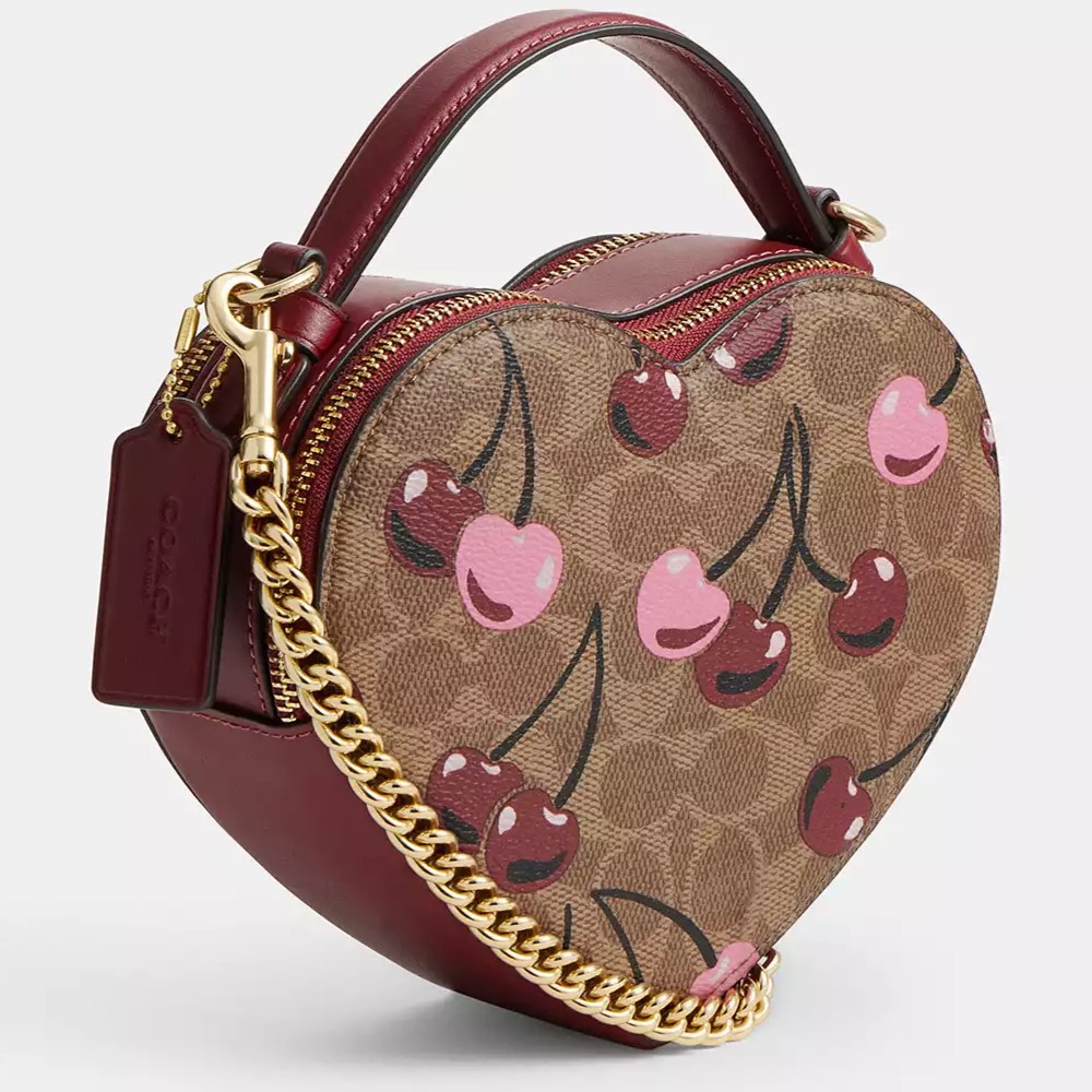 Túi đeo chéo Coach trái tim Heart Crossbody Bag With Cherry Print Signature Canvas Gold Tan Multi CY706 7