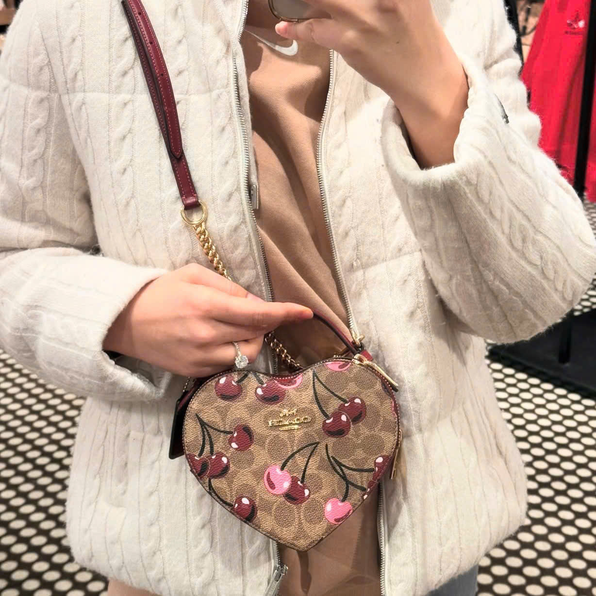 Túi đeo chéo Coach trái tim Heart Crossbody Bag With Cherry Print Signature Canvas Gold Tan Multi CY706 6