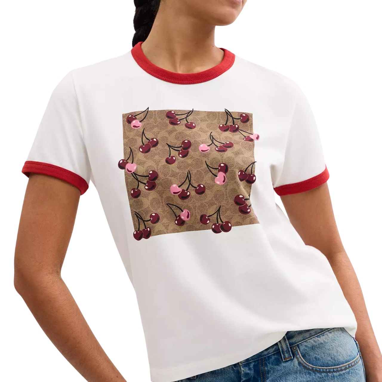 Áo thun nữ trắng Coach Signature Square Cherry T Shirt In Organic Cotton CZ064 3