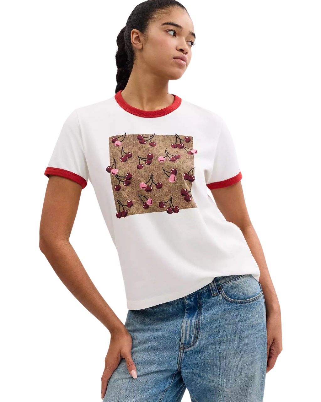 Áo thun nữ trắng Coach Signature Square Cherry T Shirt In Organic Cotton CZ064 4