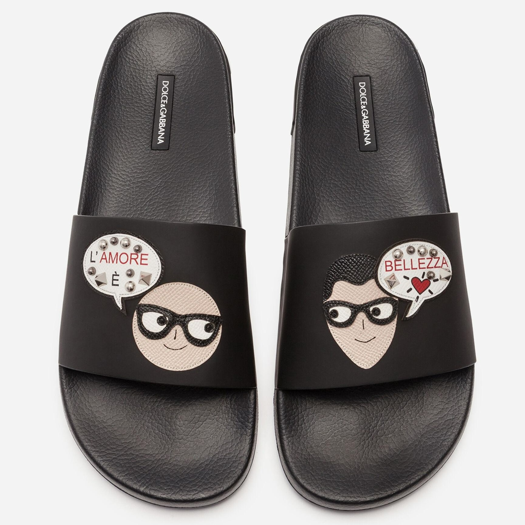 DÉP RUBBER AND CALFSKIN SLIDERS WITH PATCHES OF THE DESIGNERS BLACK – DOLCE & GABBANA MEN 1
