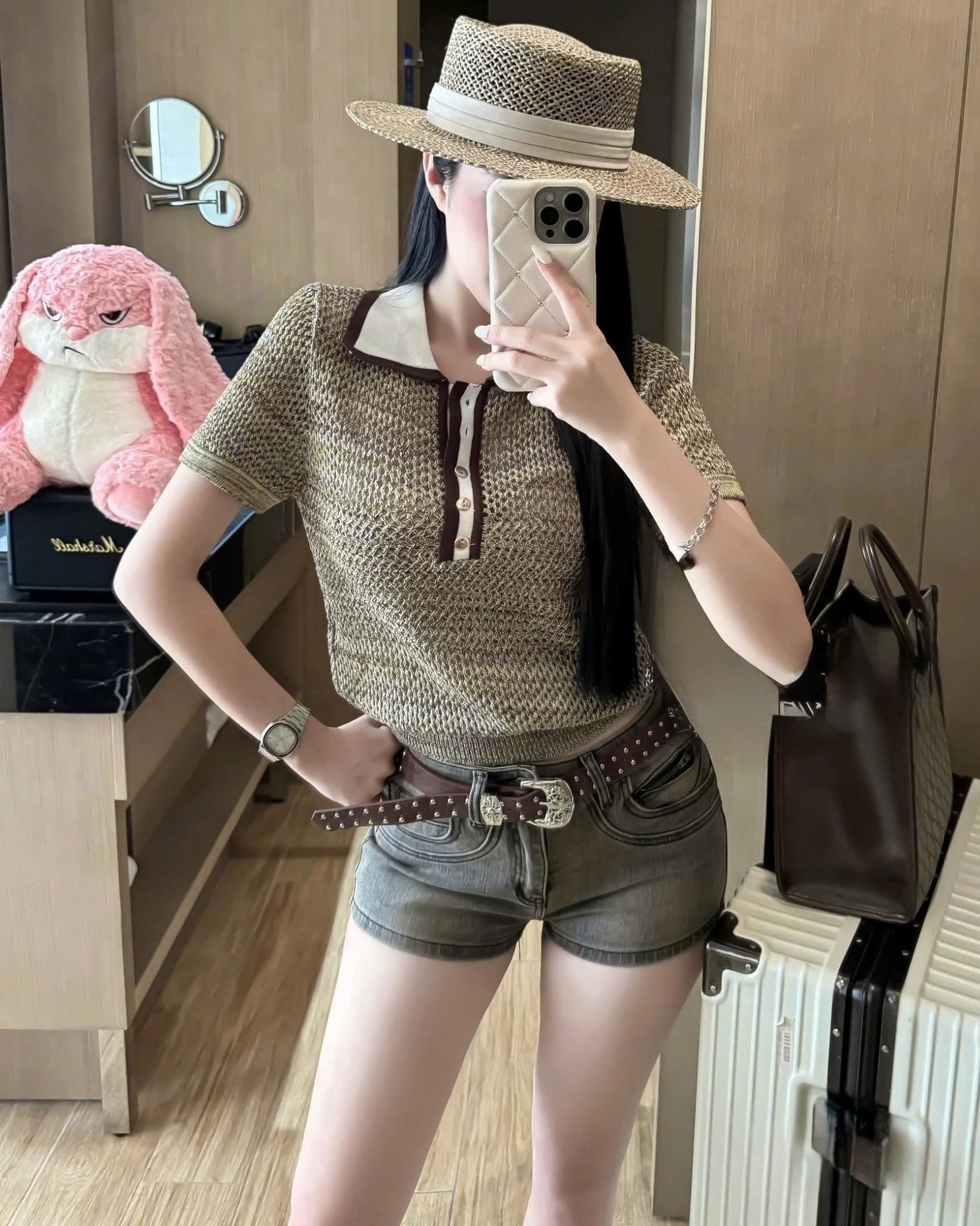 Áo lưới nữ tay ngắn xanh Chanel 5