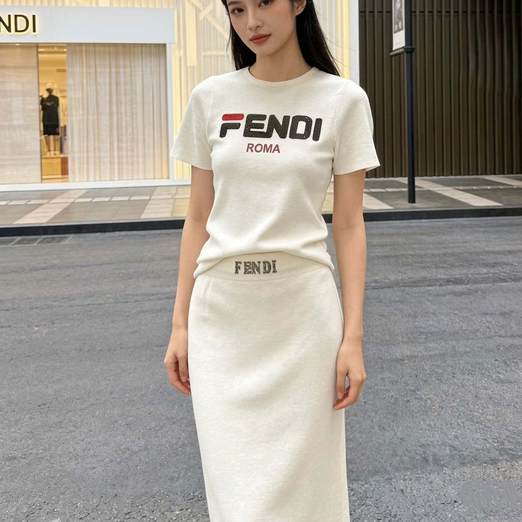 Combo áo thun váy dáng ôm dài trắng đen Fendi 1