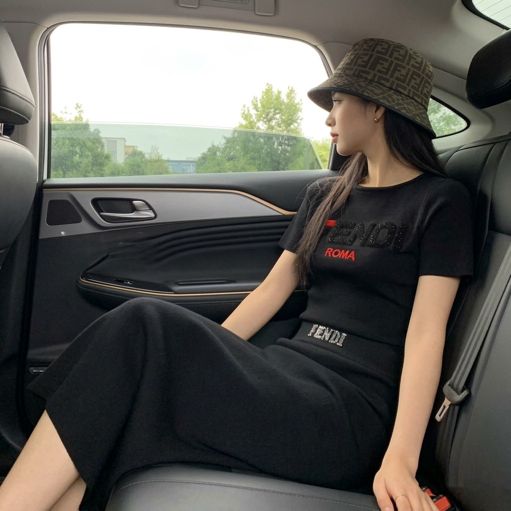 Combo áo thun váy dáng ôm dài trắng đen Fendi 2