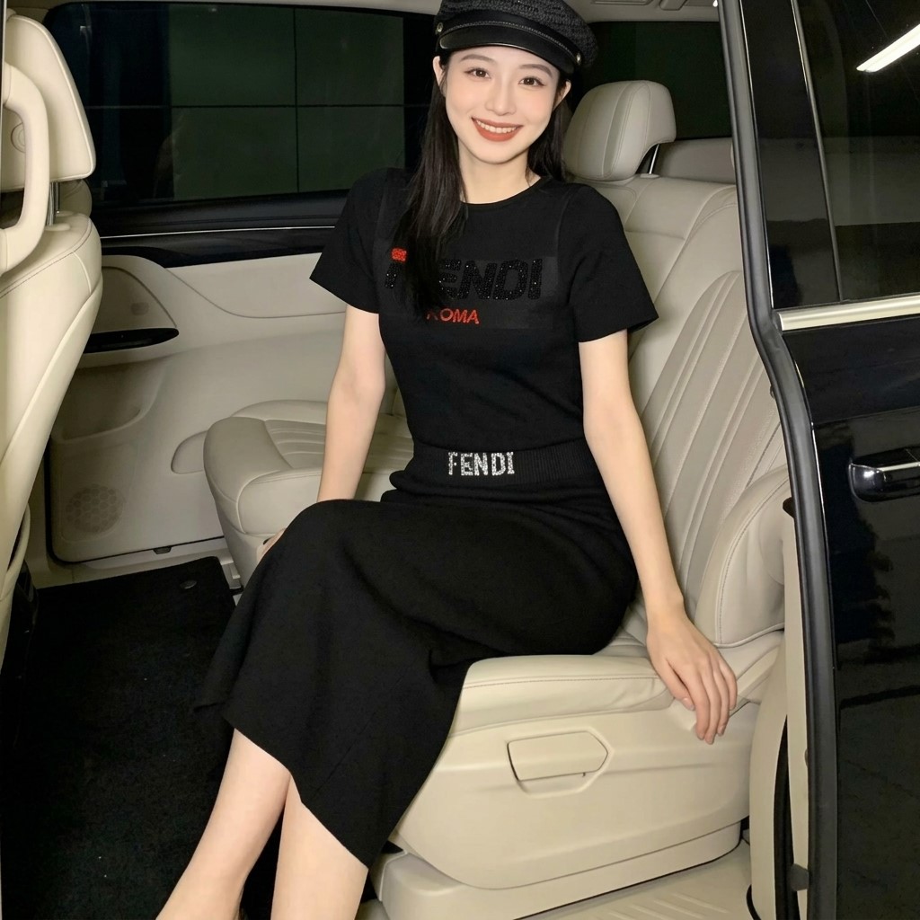 Combo áo thun váy dáng ôm dài trắng đen Fendi 3