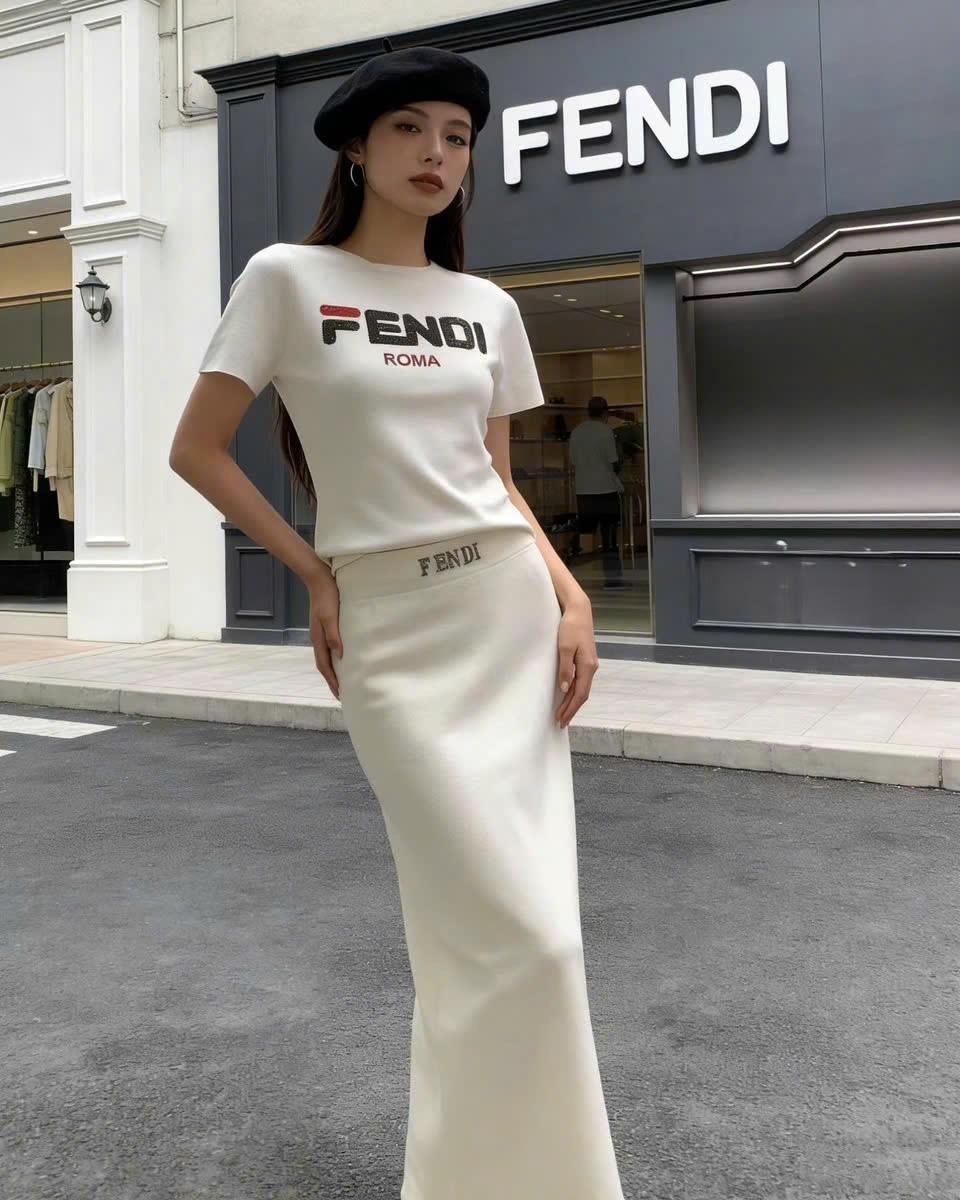 Combo áo thun váy dáng ôm dài trắng đen Fendi 5