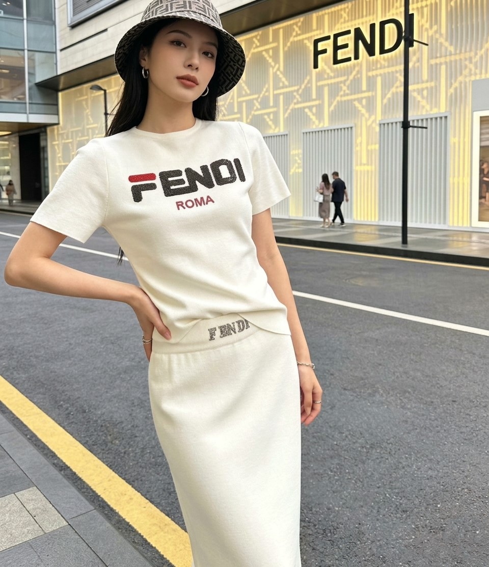 Combo áo thun váy dáng ôm dài trắng đen Fendi 6
