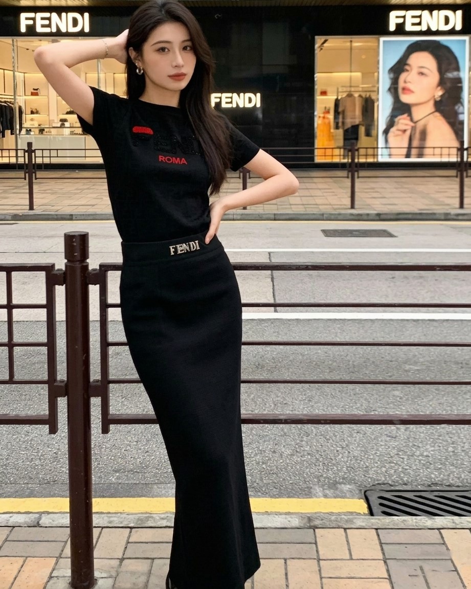 Combo áo thun váy dáng ôm dài trắng đen Fendi 7