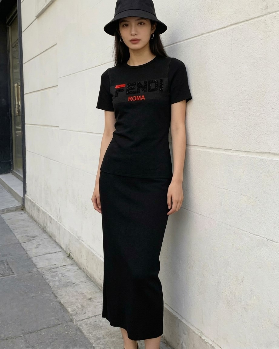Combo áo thun váy dáng ôm dài trắng đen Fendi 8