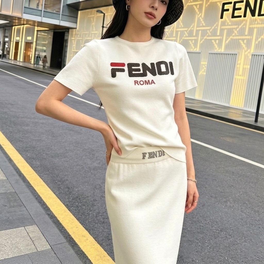 Combo áo thun váy dáng ôm dài trắng đen Fendi 9