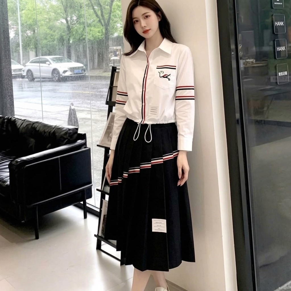 Combo áo sơ mi trắng dây rút váy dàu đen Thom Browne 1