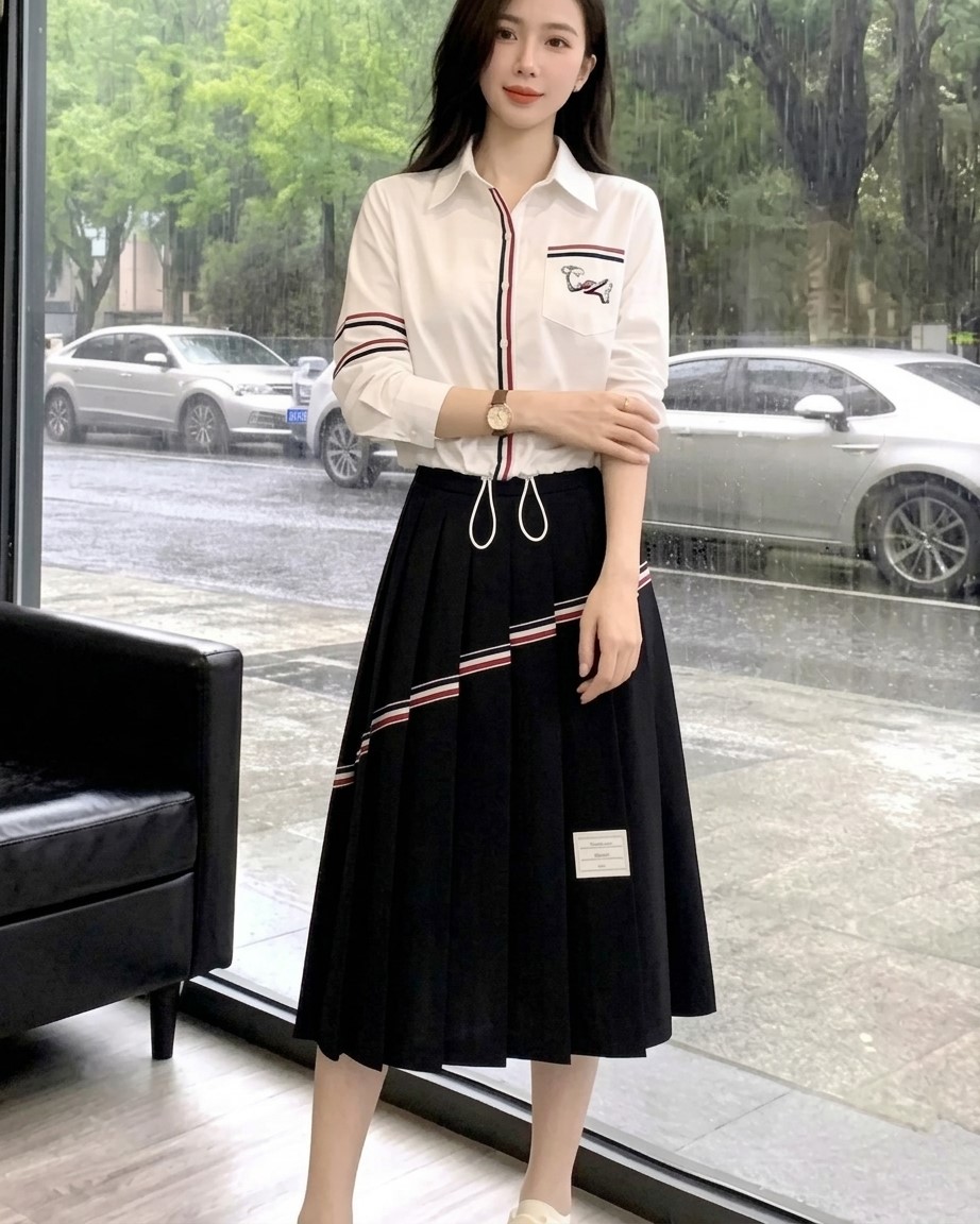 Combo áo sơ mi trắng dây rút váy dàu đen Thom Browne 2