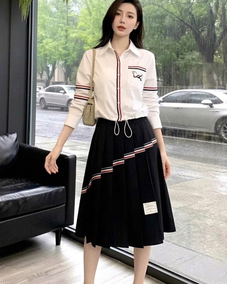 Combo áo sơ mi trắng dây rút váy dàu đen Thom Browne 5
