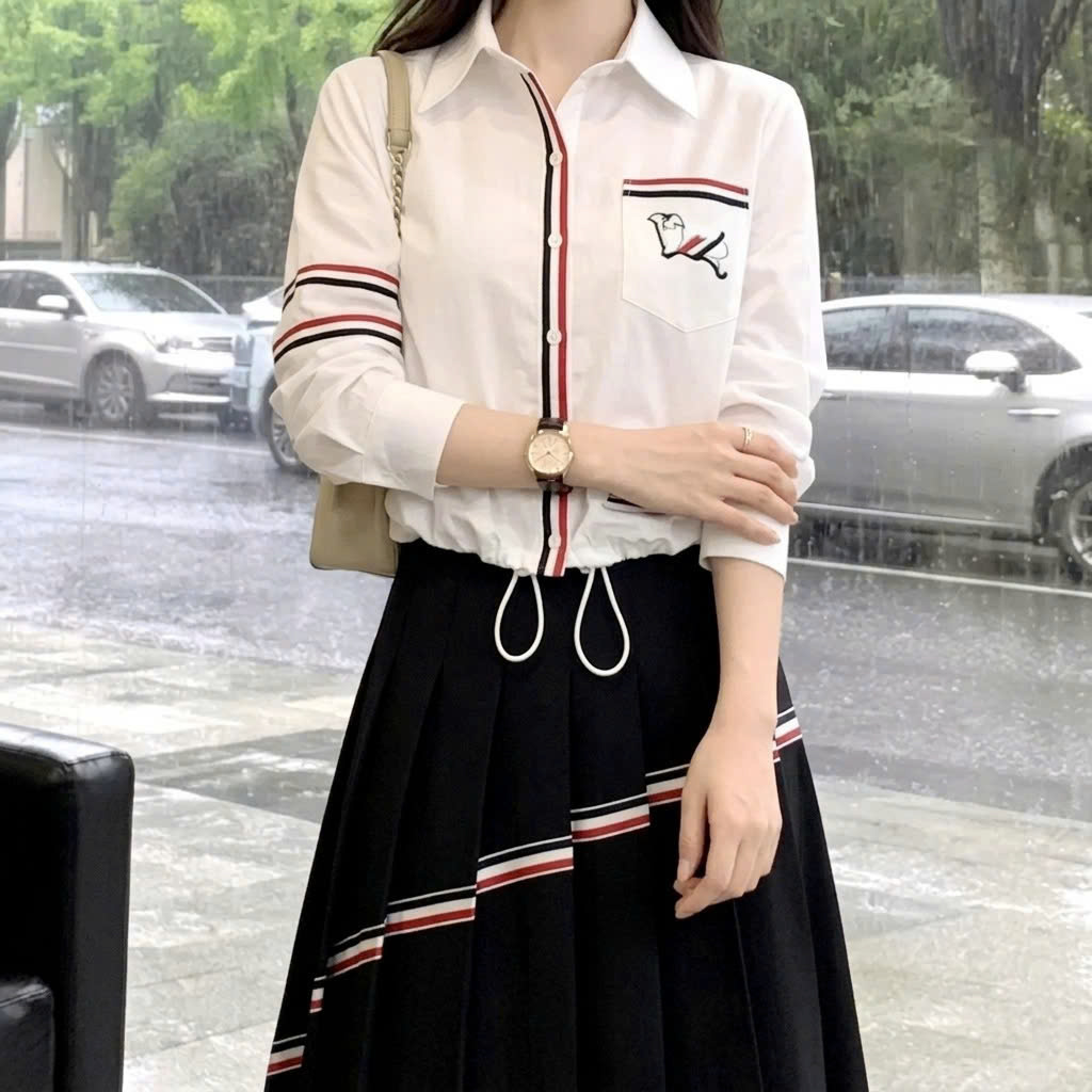 Combo áo sơ mi trắng dây rút váy dàu đen Thom Browne 6