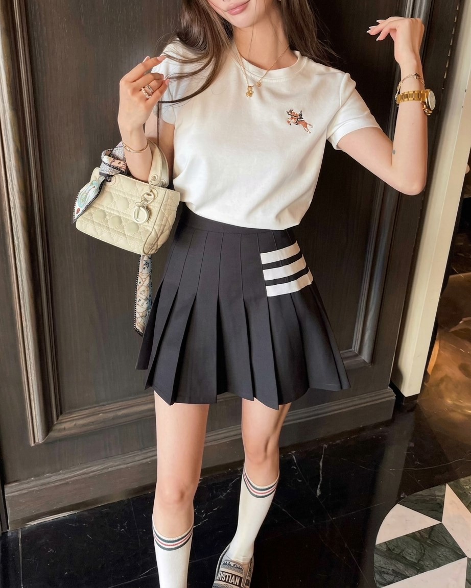 Combo áo thun trắng váy xếp ly phối viền trắng Thom Browne 5