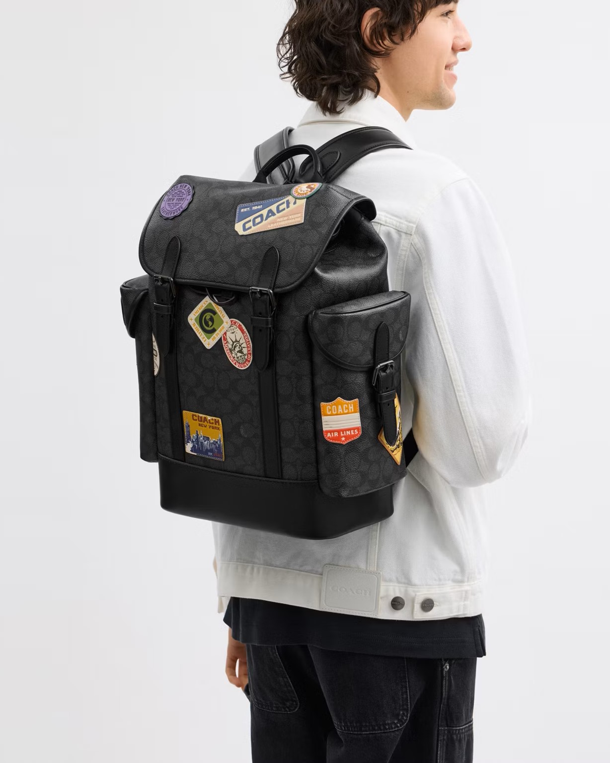 Ba lô Coach Hitch Backpack In Signature Canvas With Patches Charcoal Multi CBF04 1