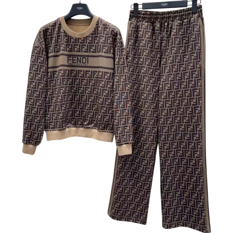 Combo áo quần dài họa tiết hãng Fendi nâu 4