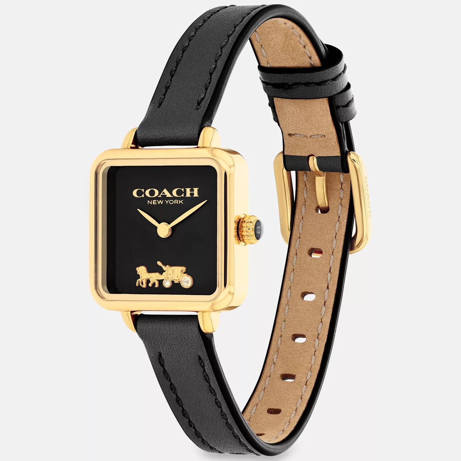ĐỒNG HỒ NỮ DÂY DA ĐEN COACH CASS SIGNATURE HORSE AND CARRIAGE ION-PLATED GOLDTONE STEEL AND BLACK LEATHER STRAP WATCH 14504225 1