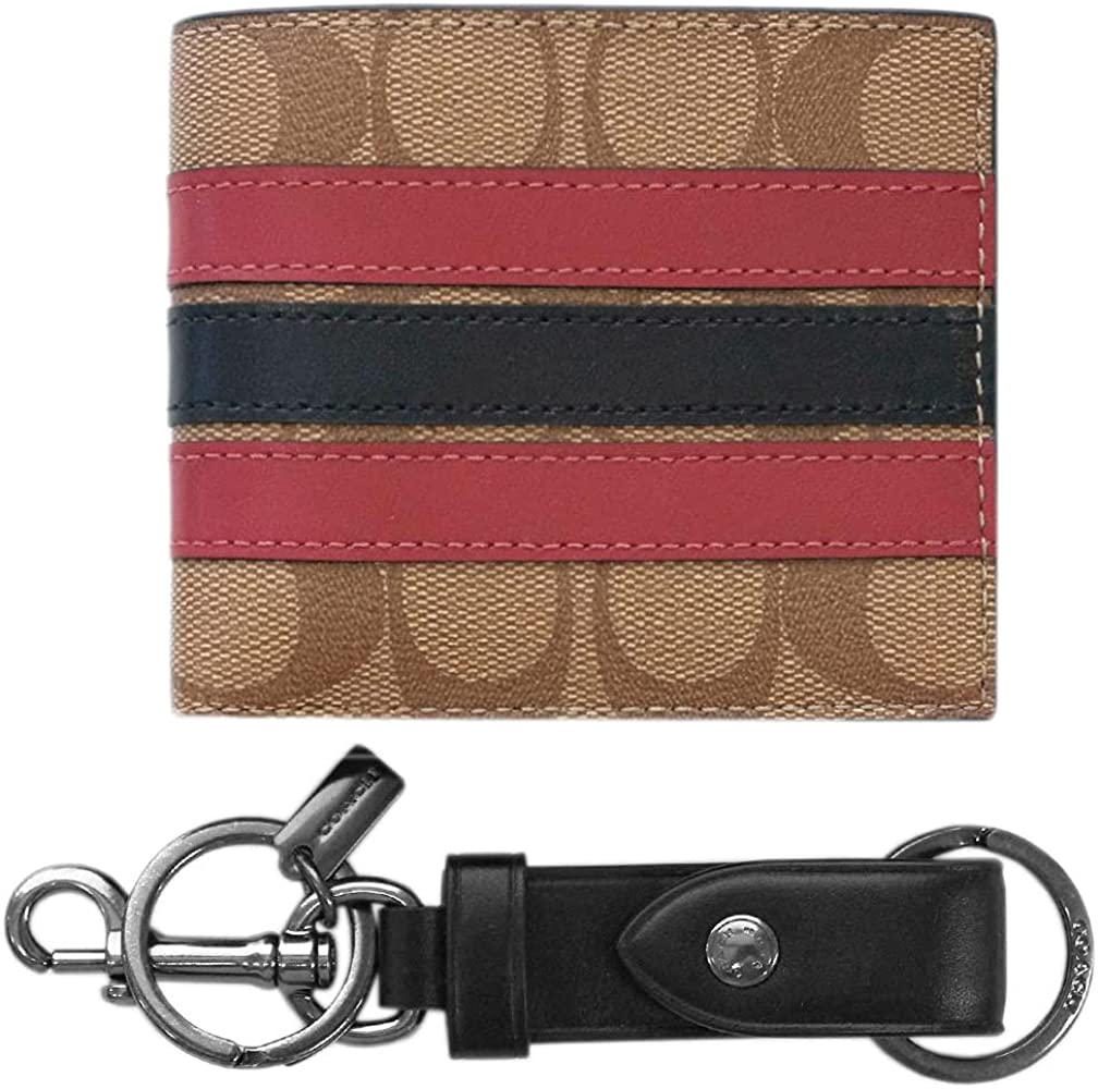 SET VÍ COACH SỌC GIỮA ID BILLFOLD WALLET AND KEY FOB GIFT SET IN SIGNATURE CANVAS TAN MULTI F86110 7