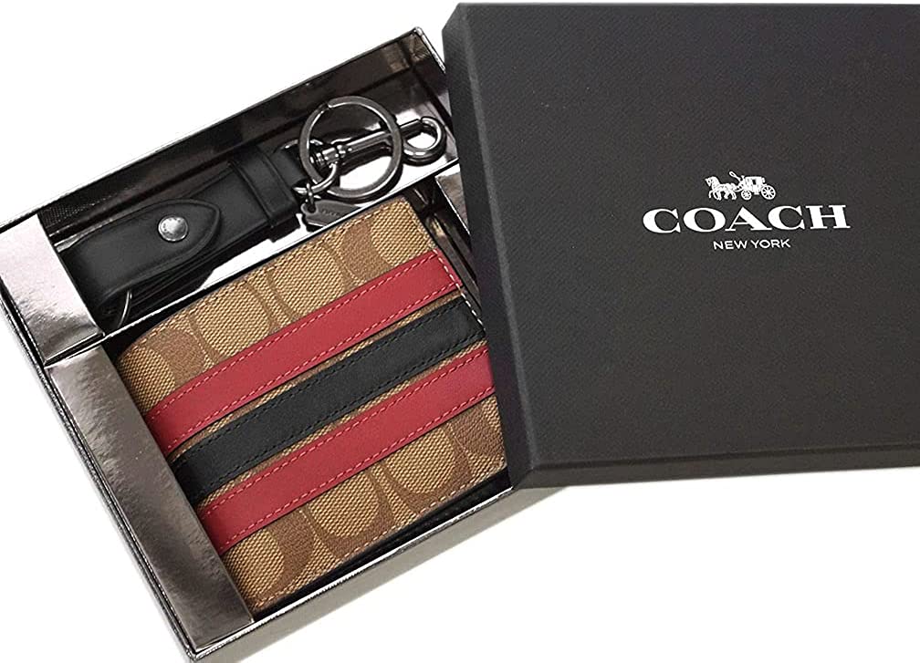 SET VÍ COACH SỌC GIỮA ID BILLFOLD WALLET AND KEY FOB GIFT SET IN SIGNATURE CANVAS TAN MULTI F86110 15