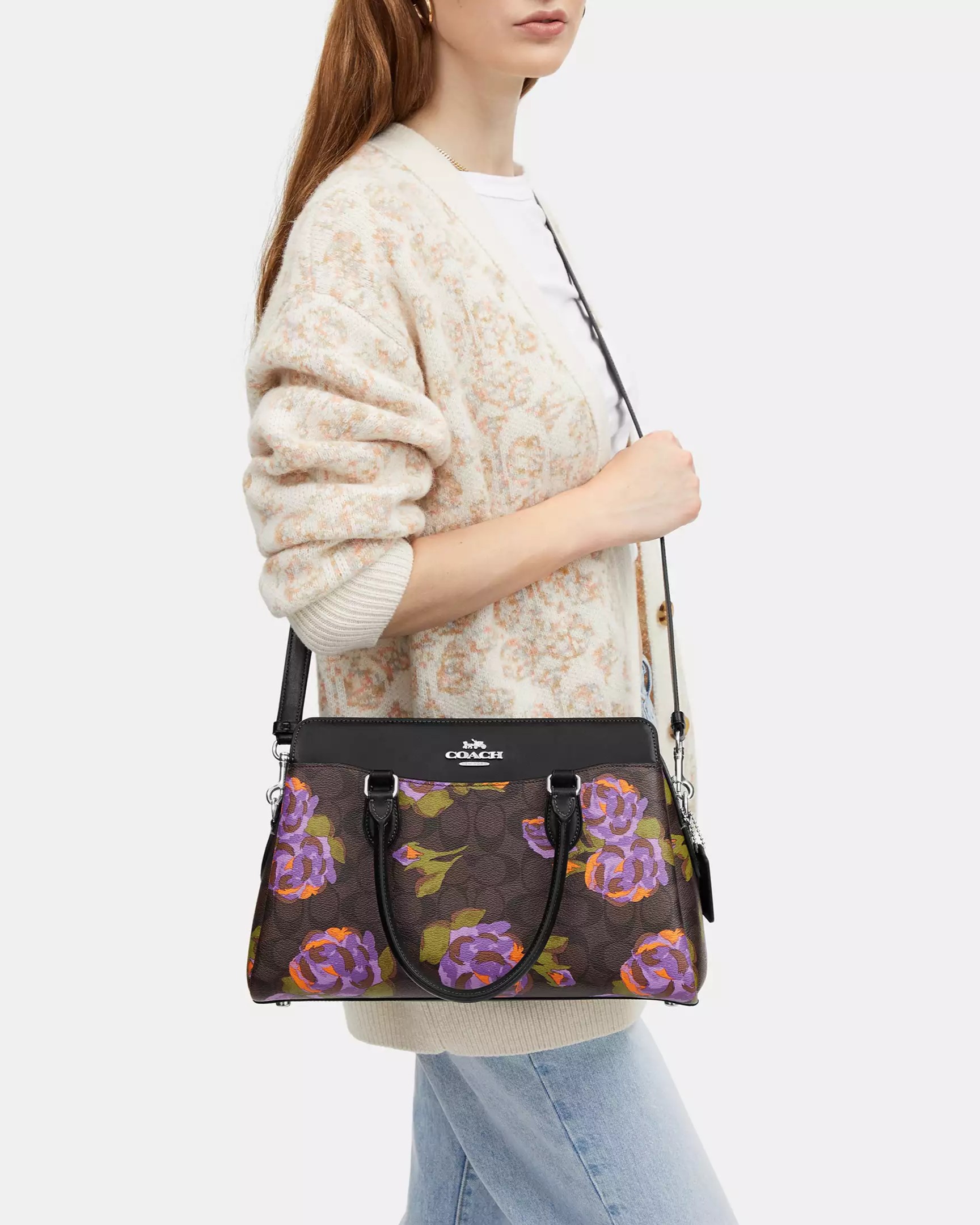 TÚI XÁCH HỌA TIẾT HOA TÍM COACH DARCIE CARRYALL BAG IN SIGNATURE CANVAS WITH ROSE PRINT CL466 4