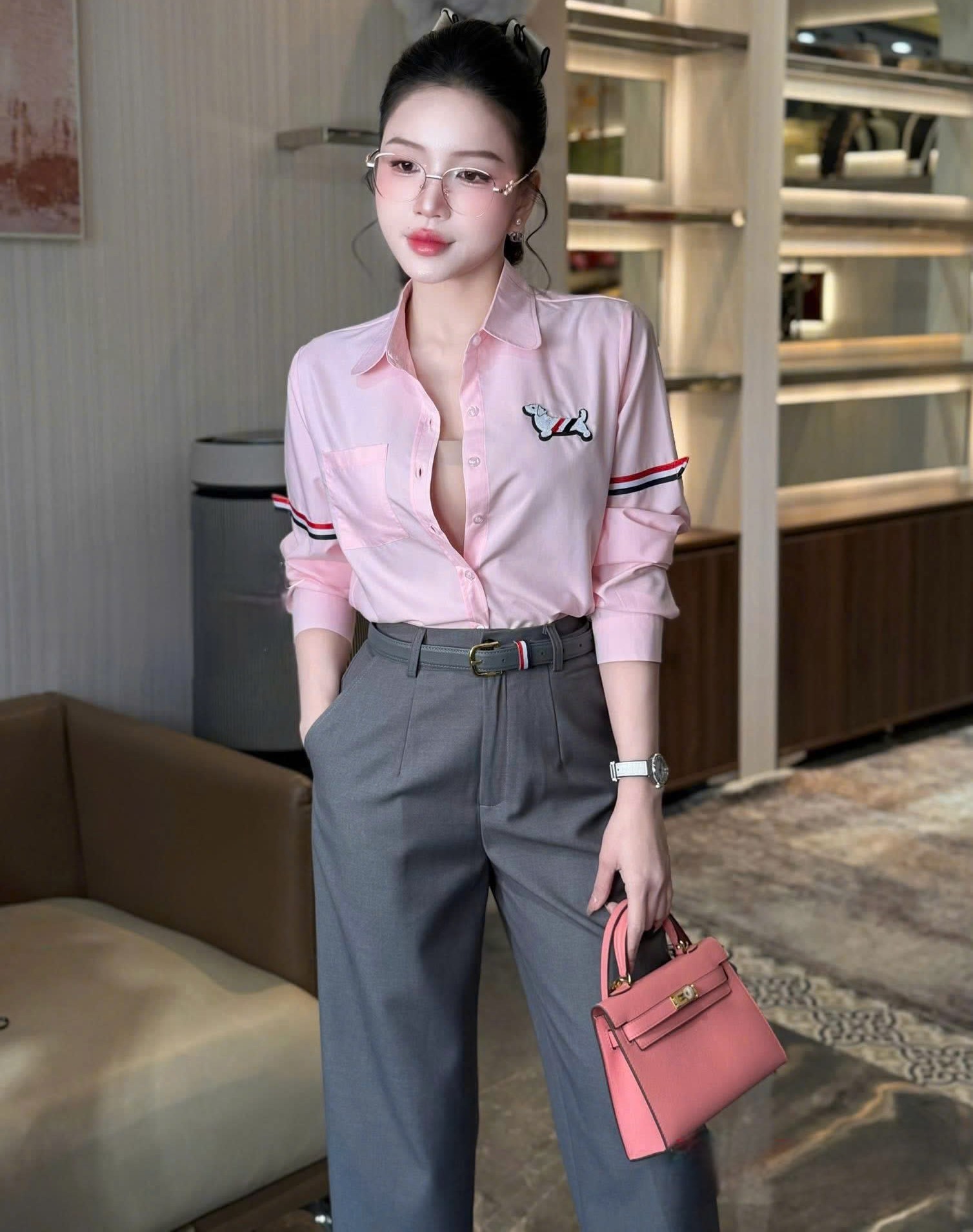 Áo sơ mi tay dài hoa tiết chó Thom Browne 5