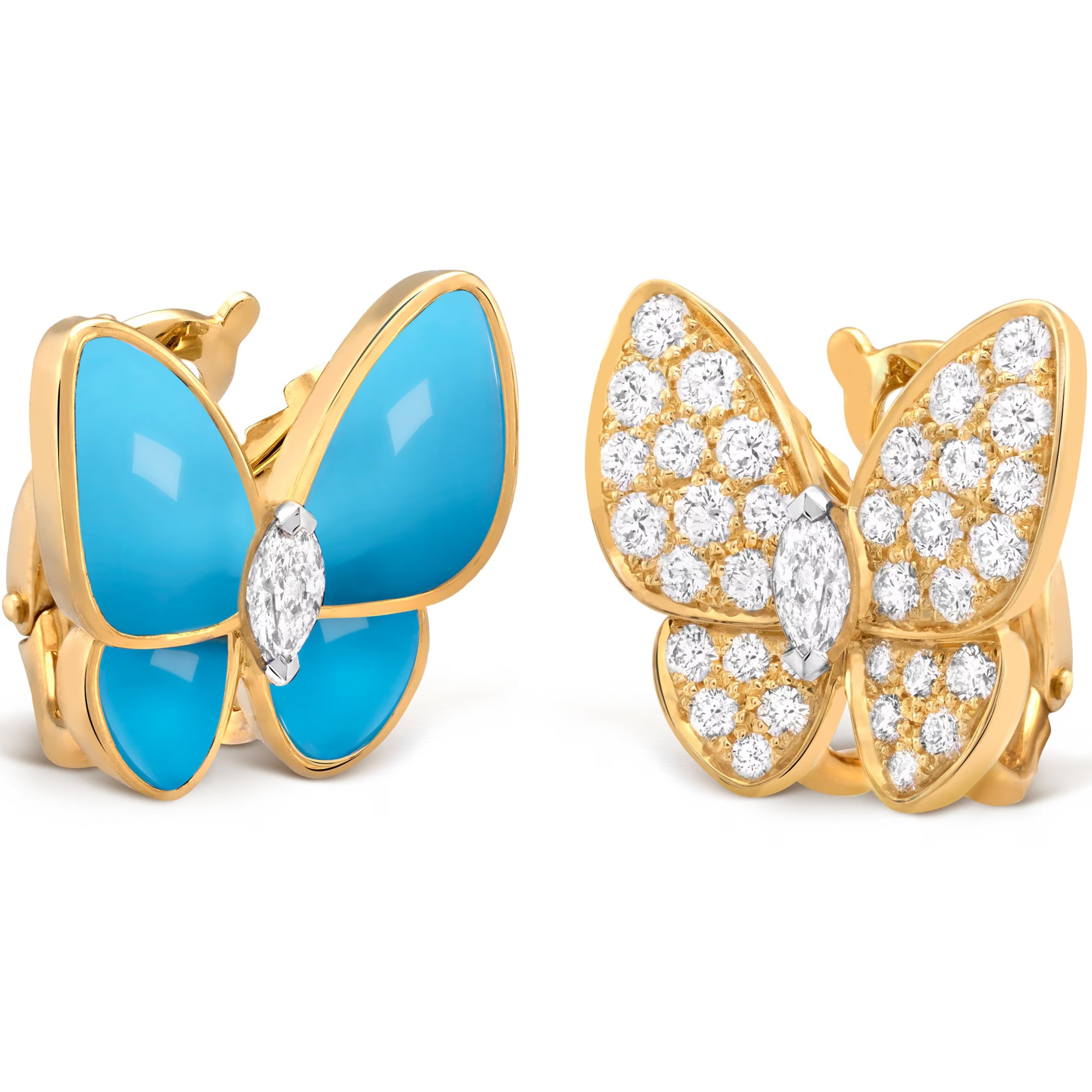 Bông tai Van Cleef & Arpels Two Butterfly Earrings Yellow Gold Turquoise Round Diamonds Rhodium Plated VCARP7US00 1