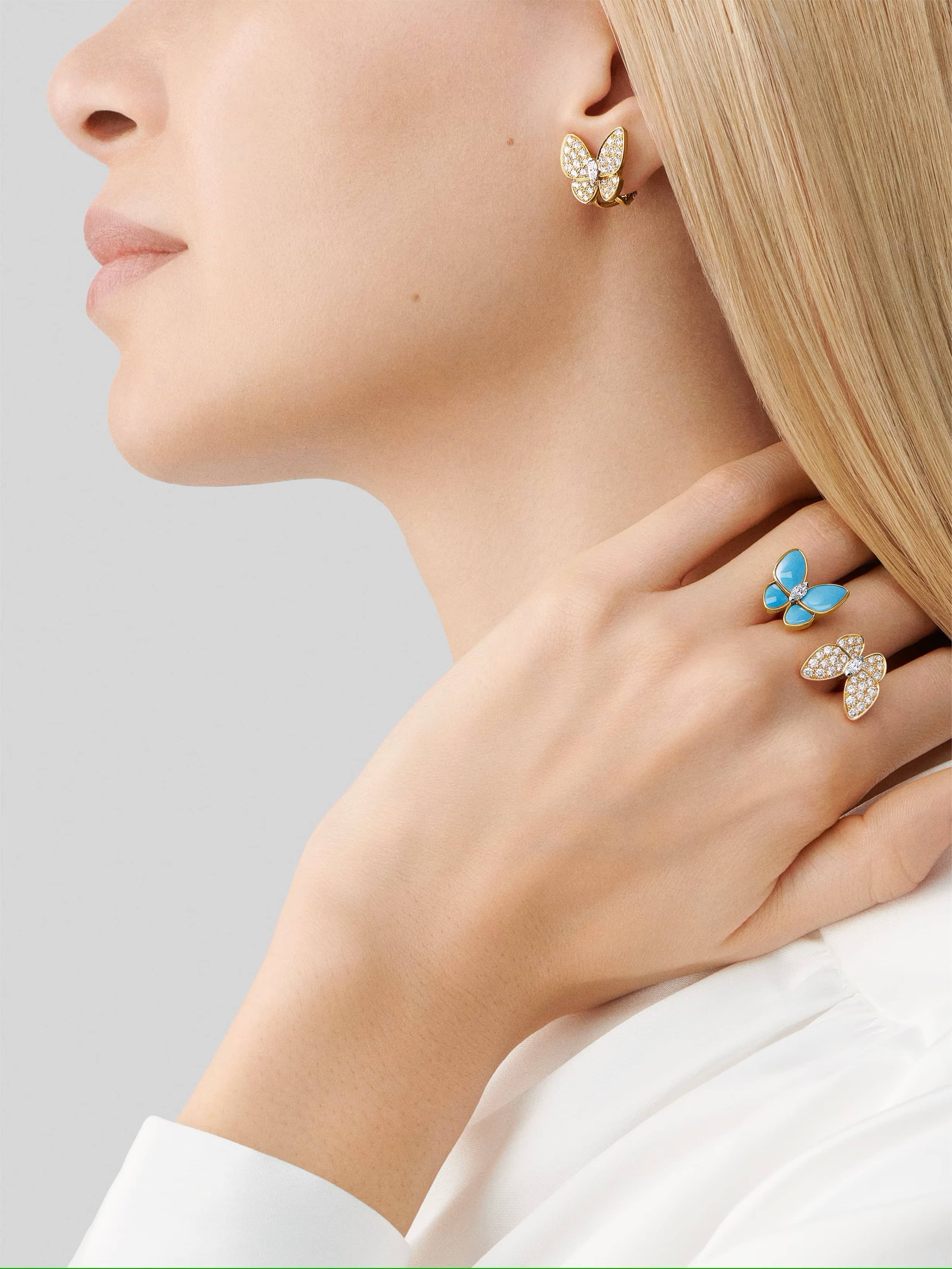 Bông tai Van Cleef & Arpels Two Butterfly Earrings Yellow Gold Turquoise Round Diamonds Rhodium Plated VCARP7US00 3