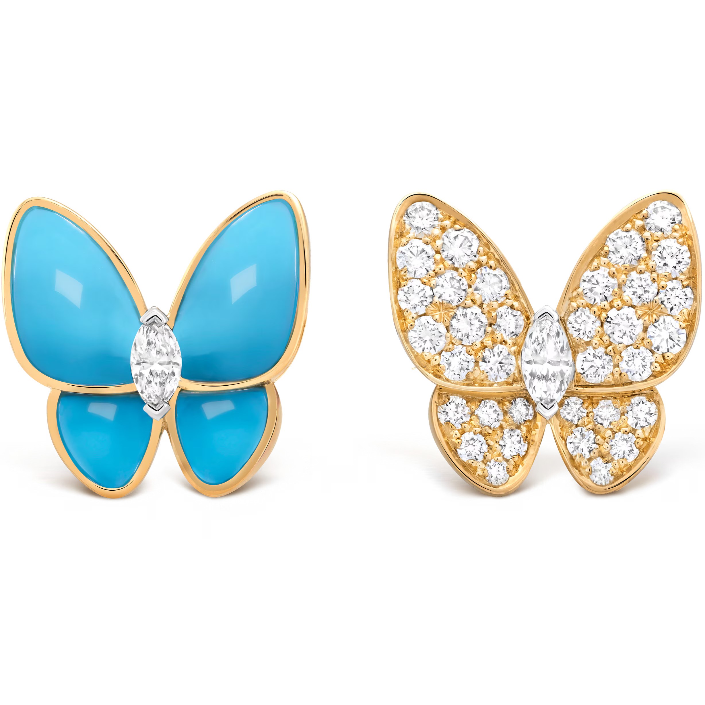 Bông tai Van Cleef & Arpels Two Butterfly Earrings Yellow Gold Turquoise Round Diamonds Rhodium Plated VCARP7US00 2