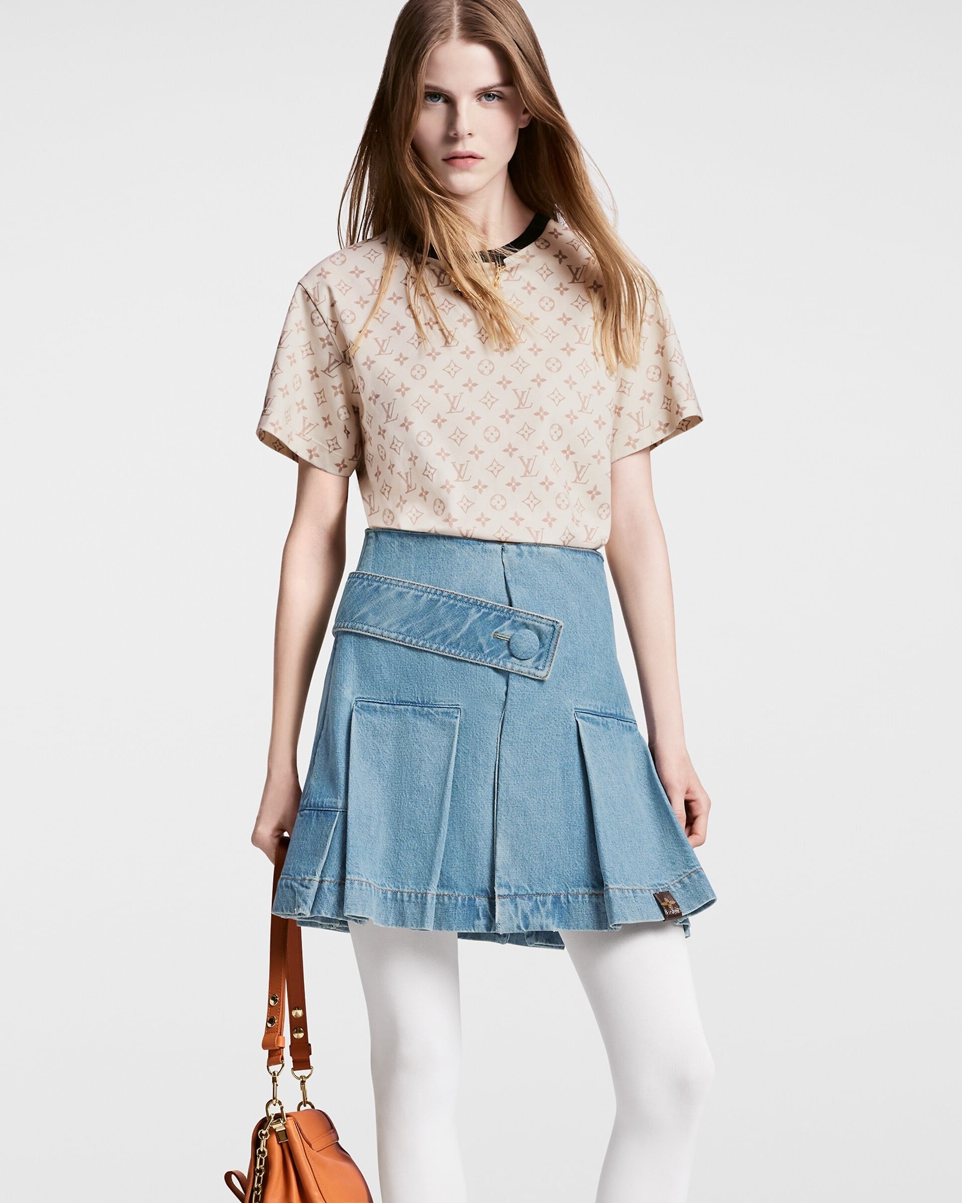 Váy ngắn nữ Jeans LV Louis Vuitton Denim Button Tab Pleat Skirt 1AFLXO 1